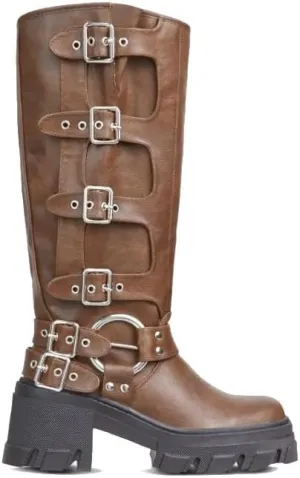 Lemonade Buckle Up Now Women's Side Buckle Detail Chunky Sole Mid Calf Biker Boot