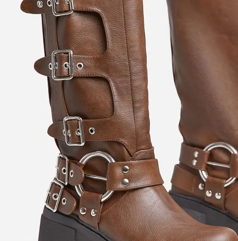 Lemonade Buckle Up Now Women's Side Buckle Detail Chunky Sole Mid Calf Biker Boot