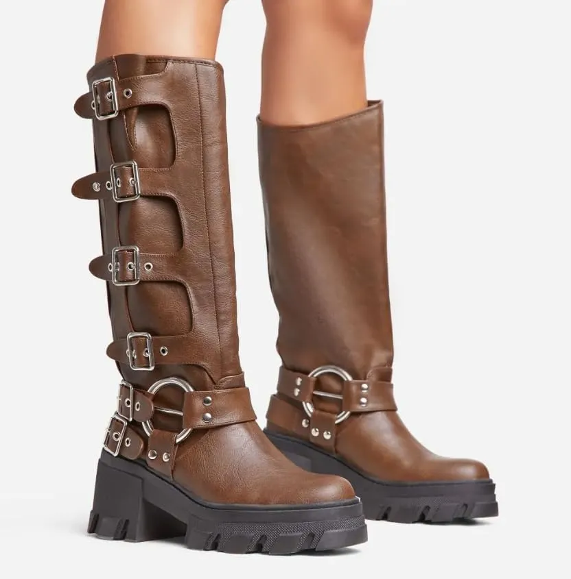 Lemonade Buckle Up Now Women's Side Buckle Detail Chunky Sole Mid Calf Biker Boot