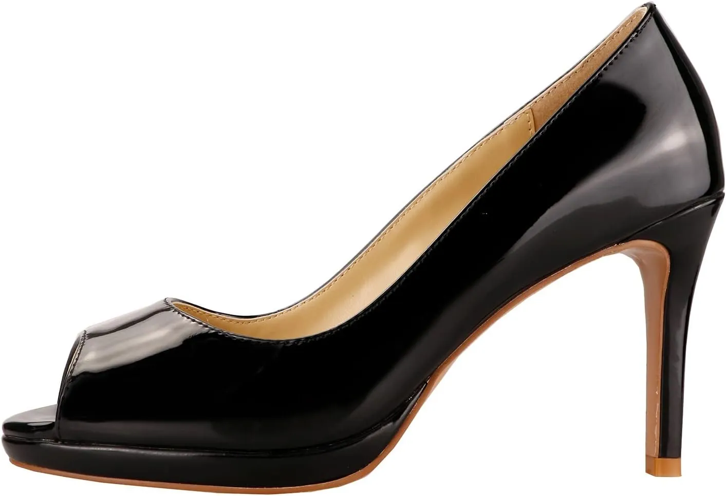 LEMUTISME Women's Patent Leather Sexy Slip On Peep Toe High Heel Dress Pumps Chic Glossy Open Toe Stiletto Heel Platform Sandals