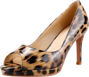LEMUTISME Women's Patent Leather Sexy Slip On Peep Toe High Heel Dress Pumps Chic Glossy Open Toe Stiletto Heel Platform Sandals