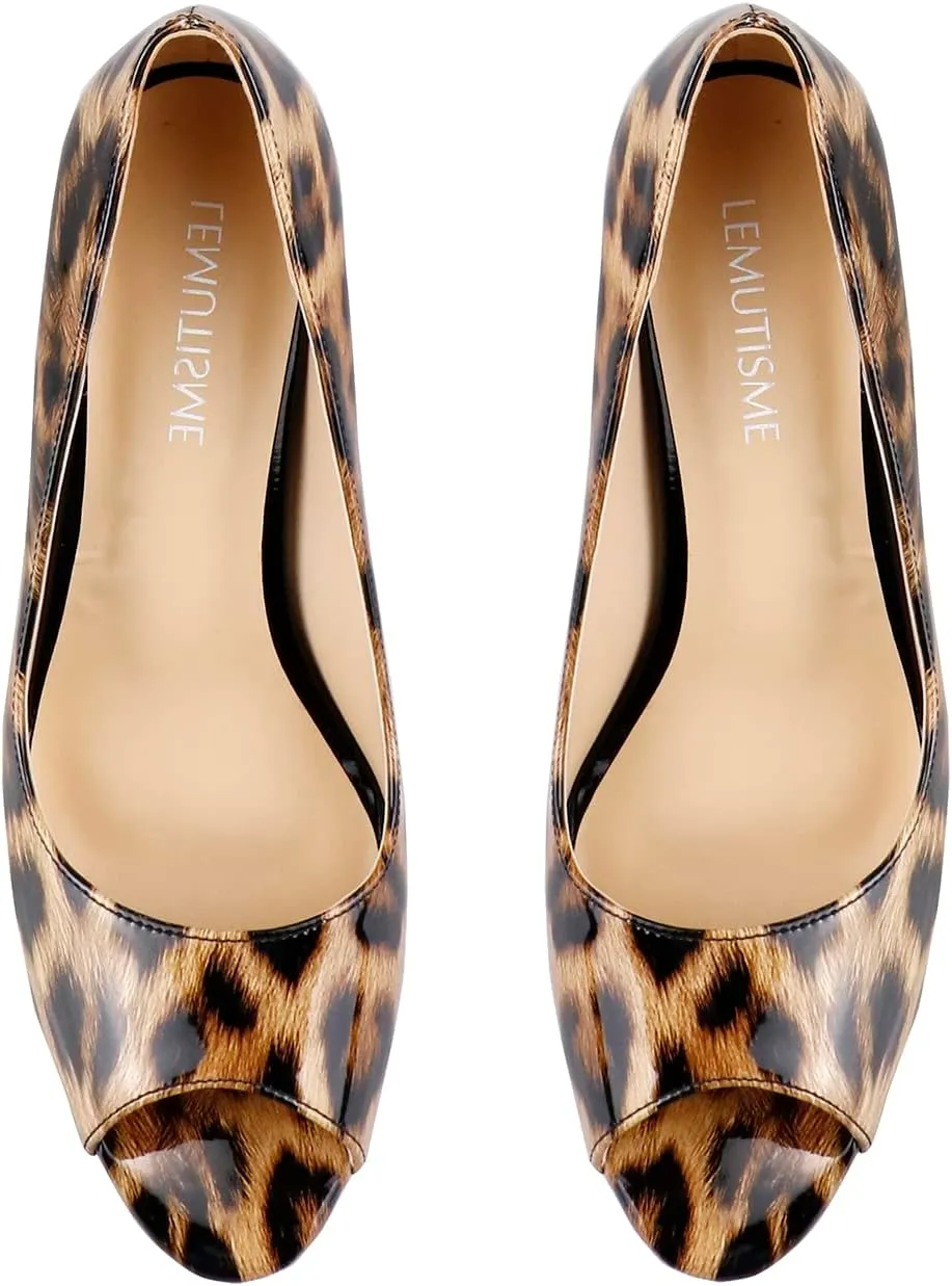 LEMUTISME Women's Patent Leather Sexy Slip On Peep Toe High Heel Dress Pumps Chic Glossy Open Toe Stiletto Heel Platform Sandals