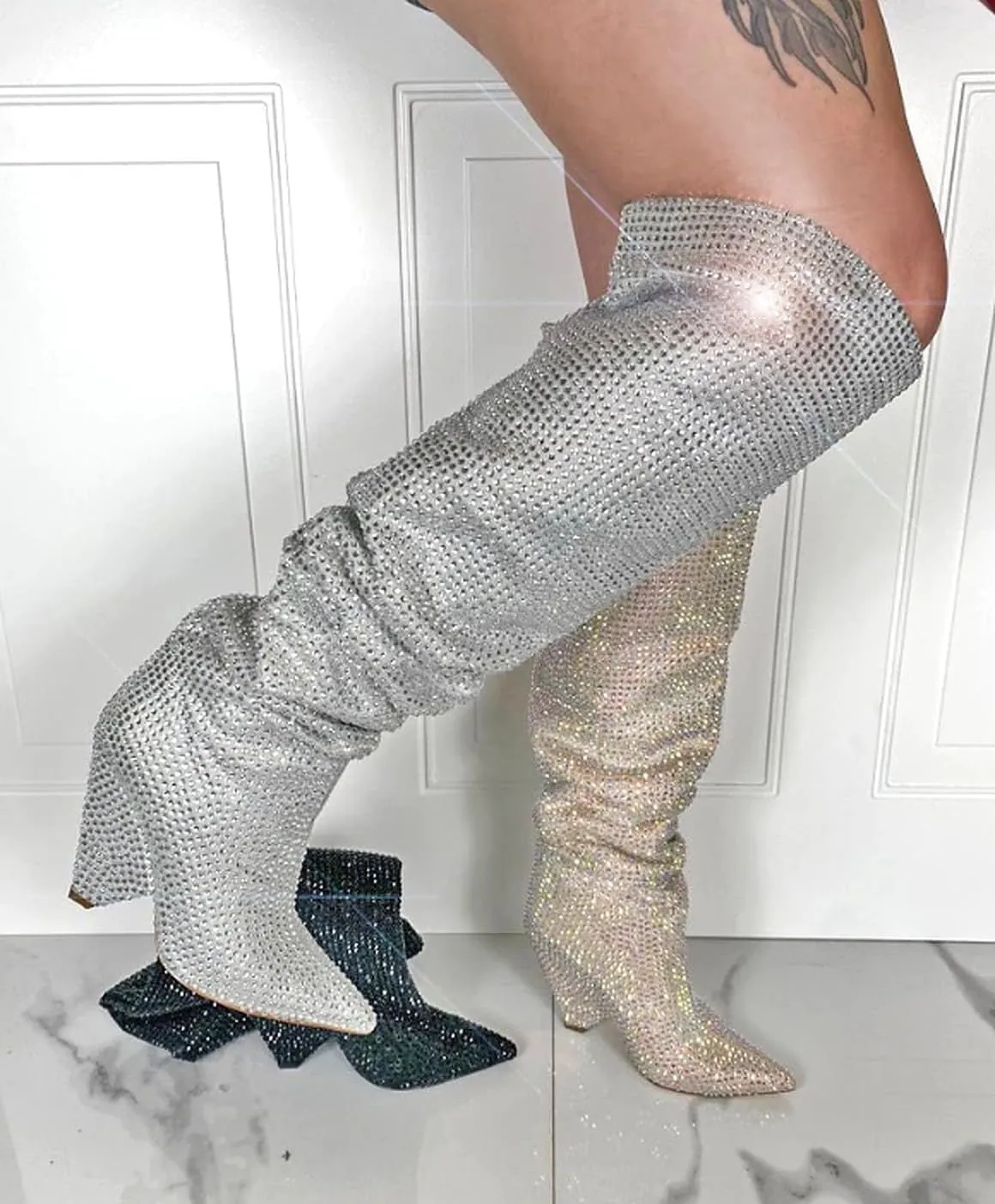 Liliana Women's Pointed Toe Fashion Rhinestones Boots Over Knee High Slouch Pull On Boots