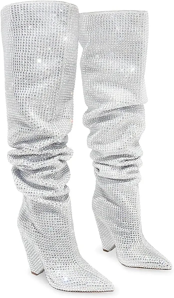 Liliana Women's Pointed Toe Fashion Rhinestones Boots Over Knee High Slouch Pull On Boots