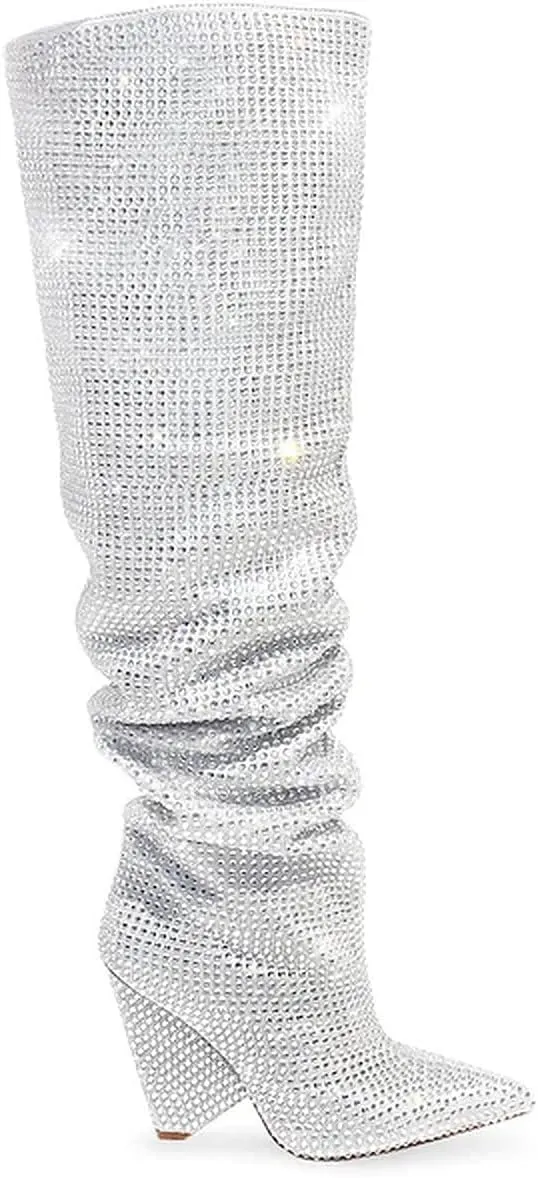 Liliana Women's Pointed Toe Fashion Rhinestones Boots Over Knee High Slouch Pull On Boots