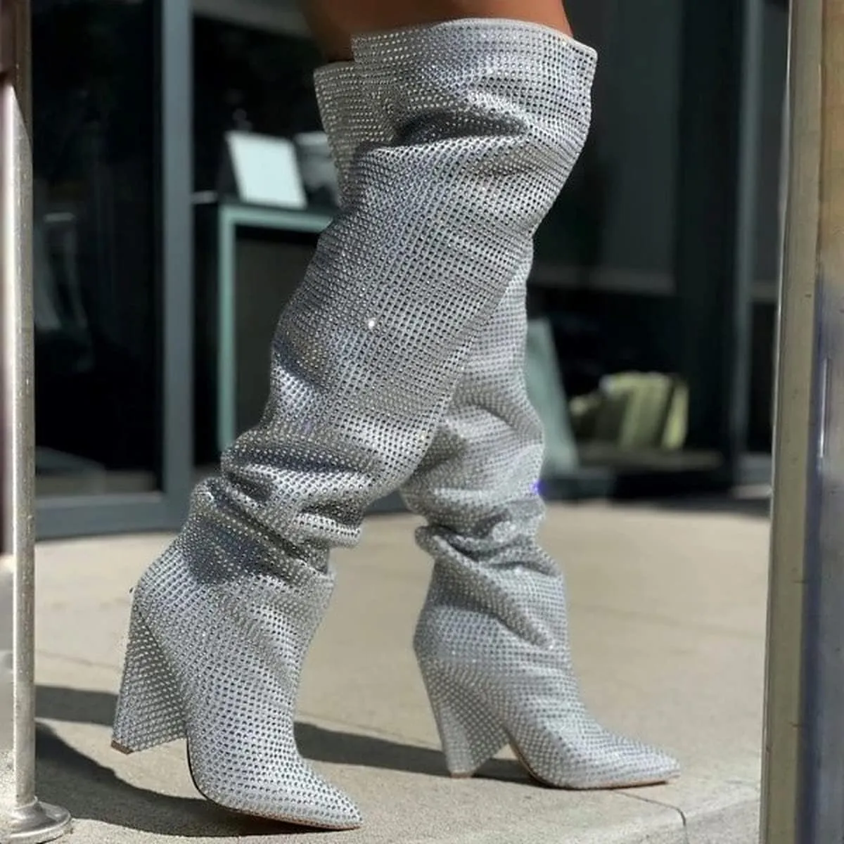 Liliana Women's Pointed Toe Fashion Rhinestones Boots Over Knee High Slouch Pull On Boots
