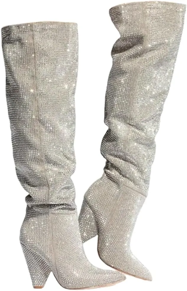 Liliana Women's Pointed Toe Fashion Rhinestones Boots Over Knee High Slouch Pull On Boots