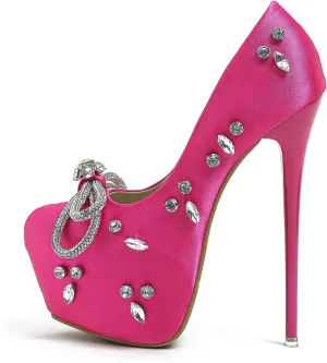 LISHAN Platform Rhinestone Bow Heel Pumps Sexy 5.9 in High Heel Satin Sandals