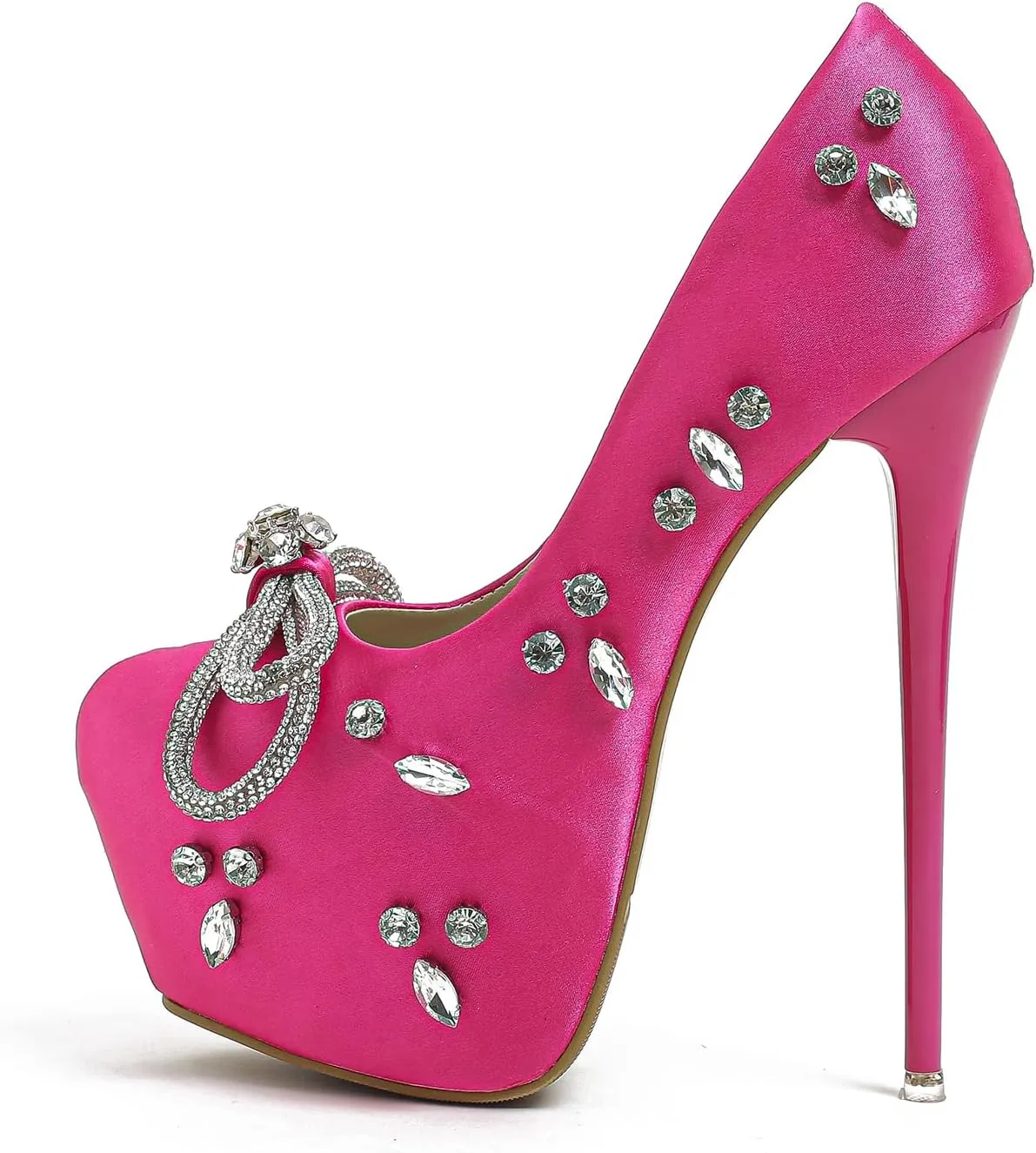 LISHAN Platform Rhinestone Bow Heel Pumps Sexy 5.9 in High Heel Satin Sandals