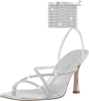 LISHAN Women's Rhinestone Bow Heel Square Toe Stiletto High Heels Ankle Strap Sandals