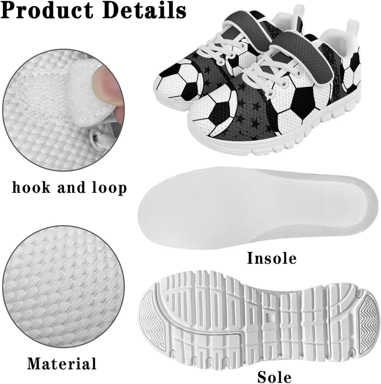 Little Boys Soccer Ball Print Athletic Sneakers Casual Hiking Tennis Fitness Training Strap Shoes