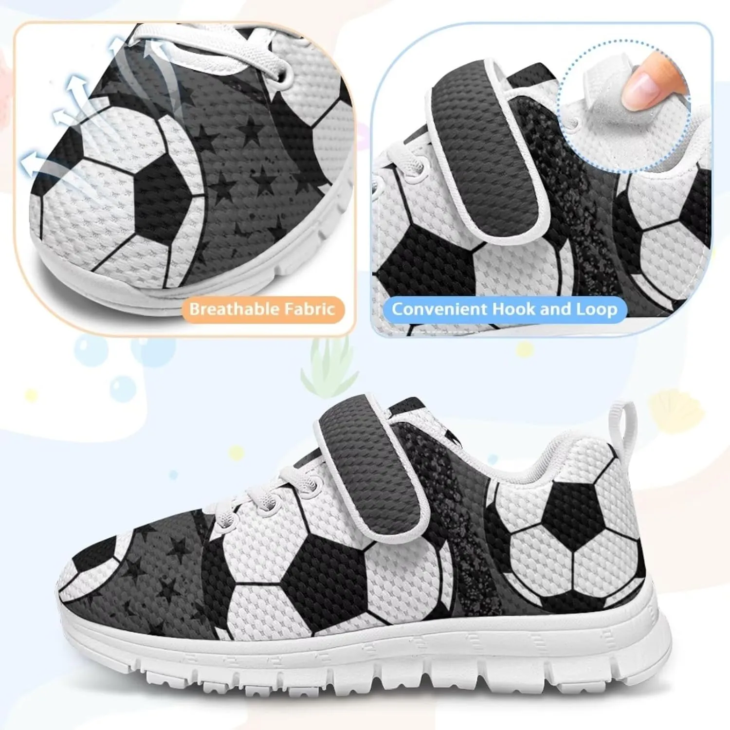 Little Boys Soccer Ball Print Athletic Sneakers Casual Hiking Tennis Fitness Training Strap Shoes