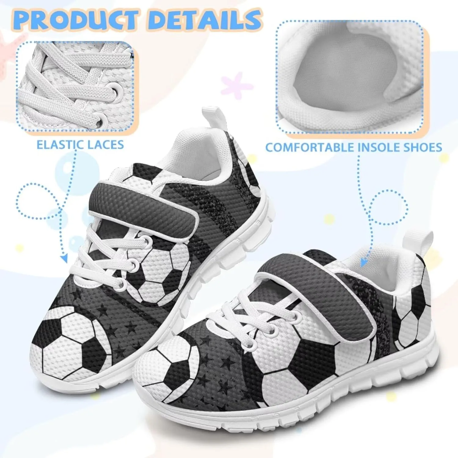 Little Boys Soccer Ball Print Athletic Sneakers Casual Hiking Tennis Fitness Training Strap Shoes