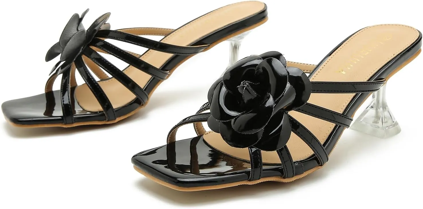 LIURUIJIA Women's Flowers Wedding Mule Heels Sandals Cute Square Toe Low Kitten Hees Slip On Party Dress Shoess