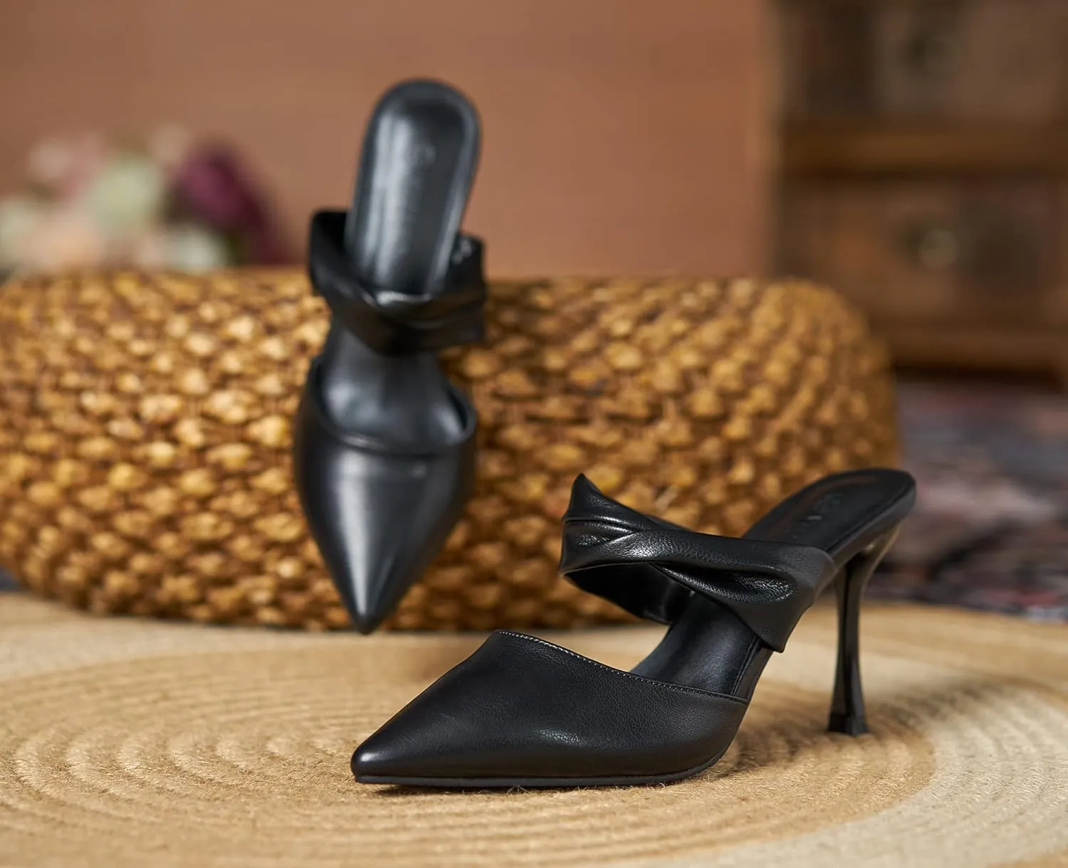 LizFoYa Women Pointed Toe Mule High Heels Twisted Band Slip On Dress Heels Office Suit Slide Sandals