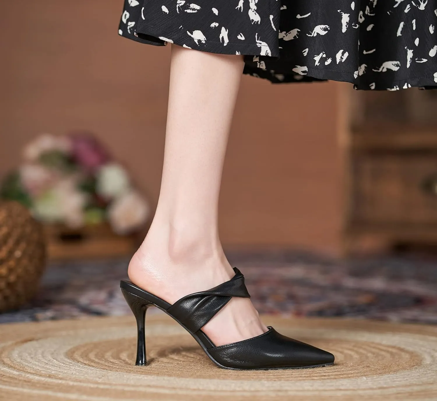 LizFoYa Women Pointed Toe Mule High Heels Twisted Band Slip On Dress Heels Office Suit Slide Sandals