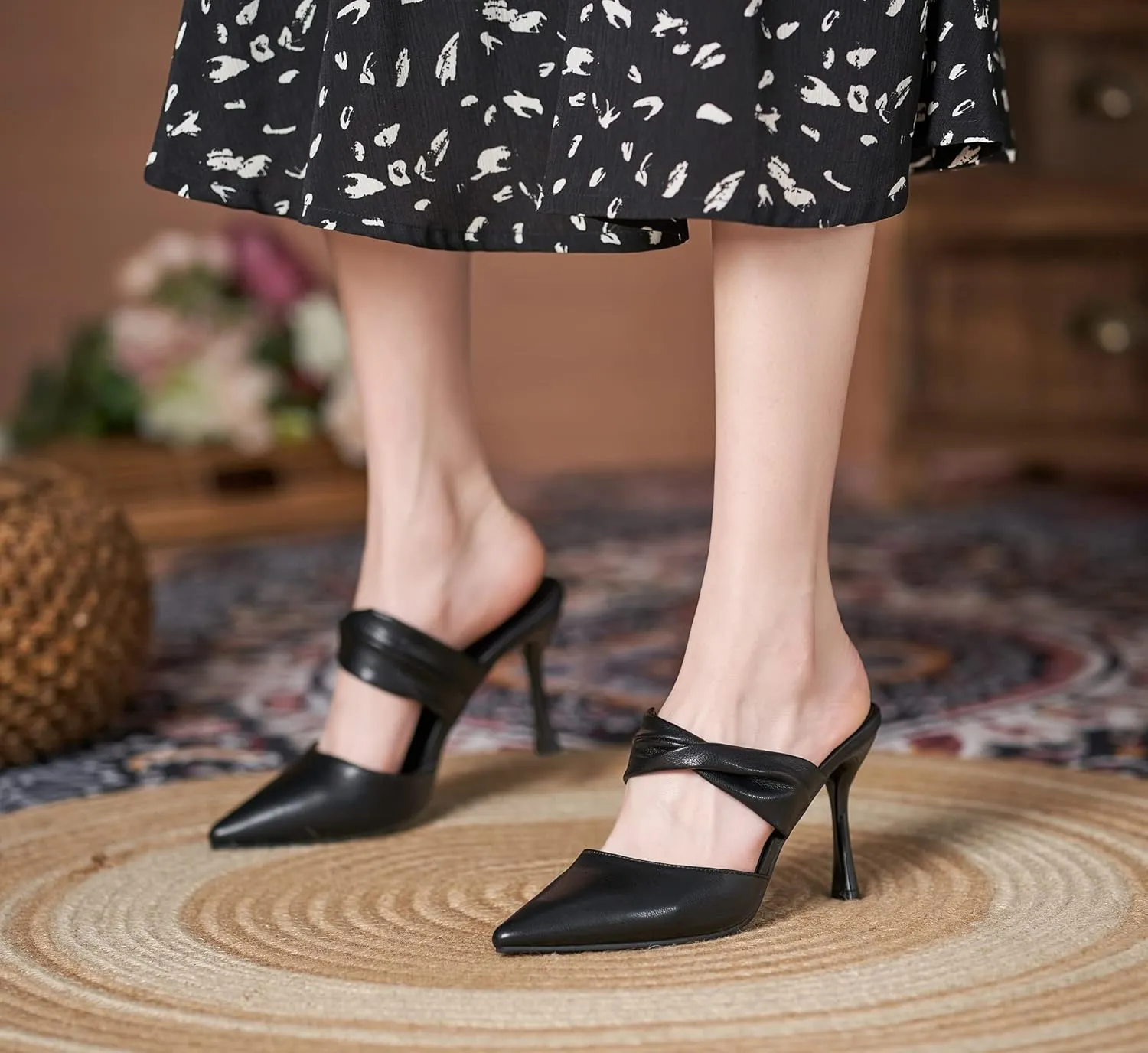 LizFoYa Women Pointed Toe Mule High Heels Twisted Band Slip On Dress Heels Office Suit Slide Sandals
