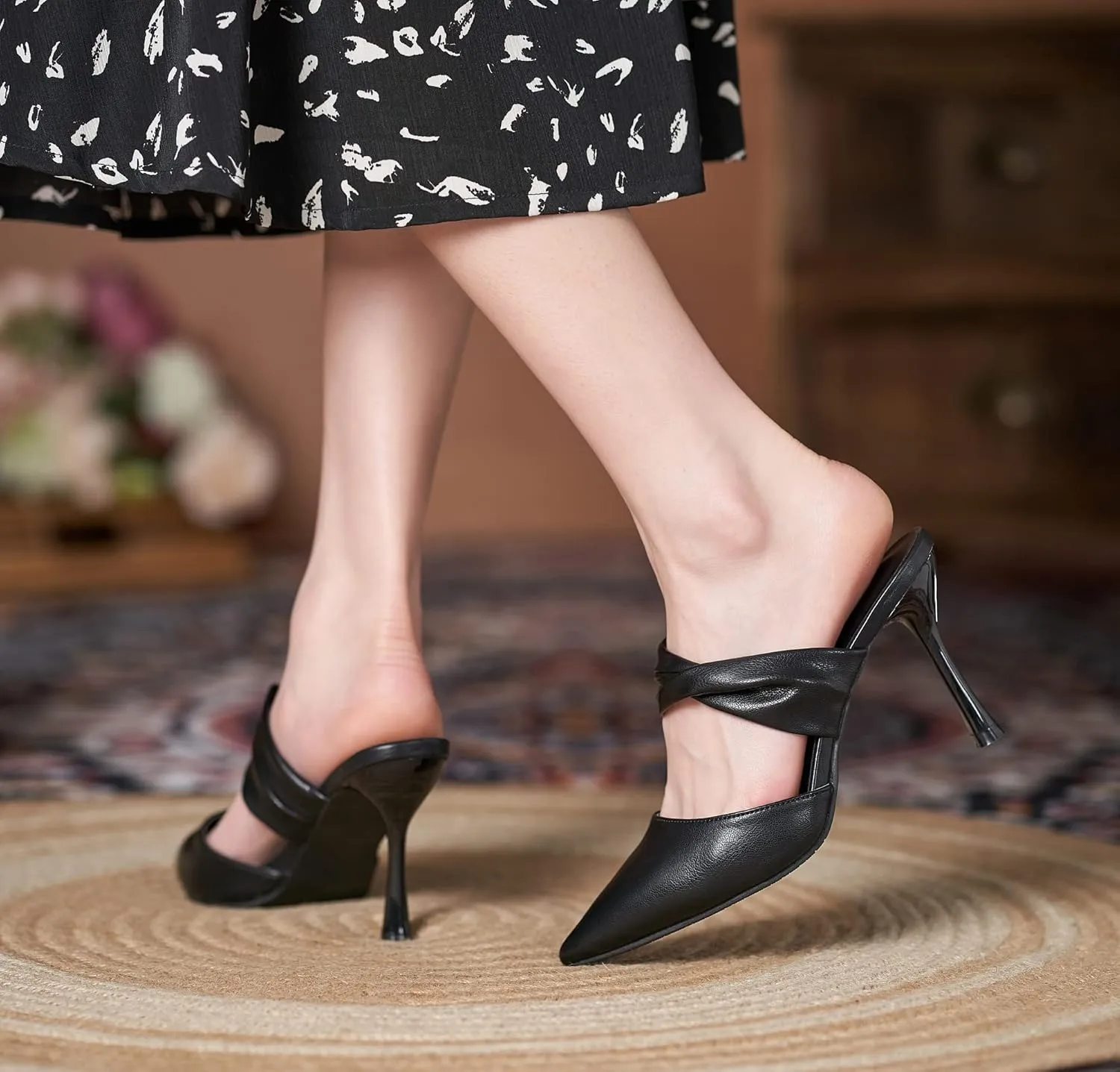LizFoYa Women Pointed Toe Mule High Heels Twisted Band Slip On Dress Heels Office Suit Slide Sandals