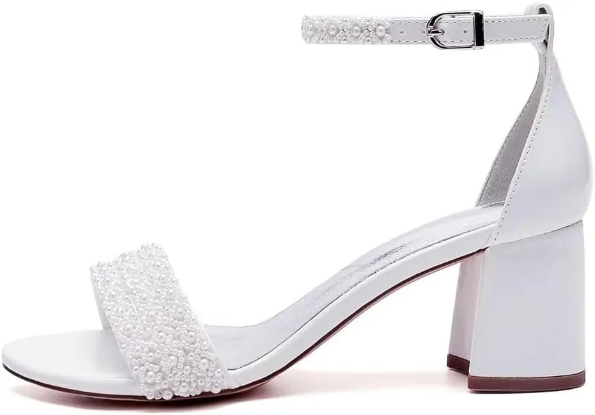 Low Block Heel Wedding Sandals Beaded Wedding Shoes for Bride Ankle Strap Bridal Heels