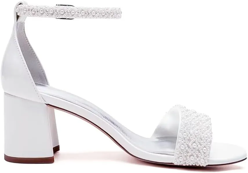 Low Block Heel Wedding Sandals Beaded Wedding Shoes for Bride Ankle Strap Bridal Heels