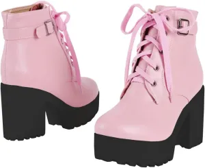 LUXMAX Women Platform Lace Up Ankle Boots Block High Heel Winter Booties