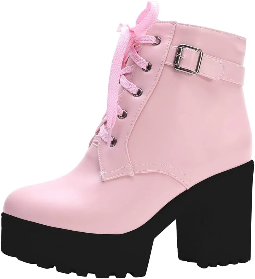 LUXMAX Women Platform Lace Up Ankle Boots Block High Heel Winter Booties