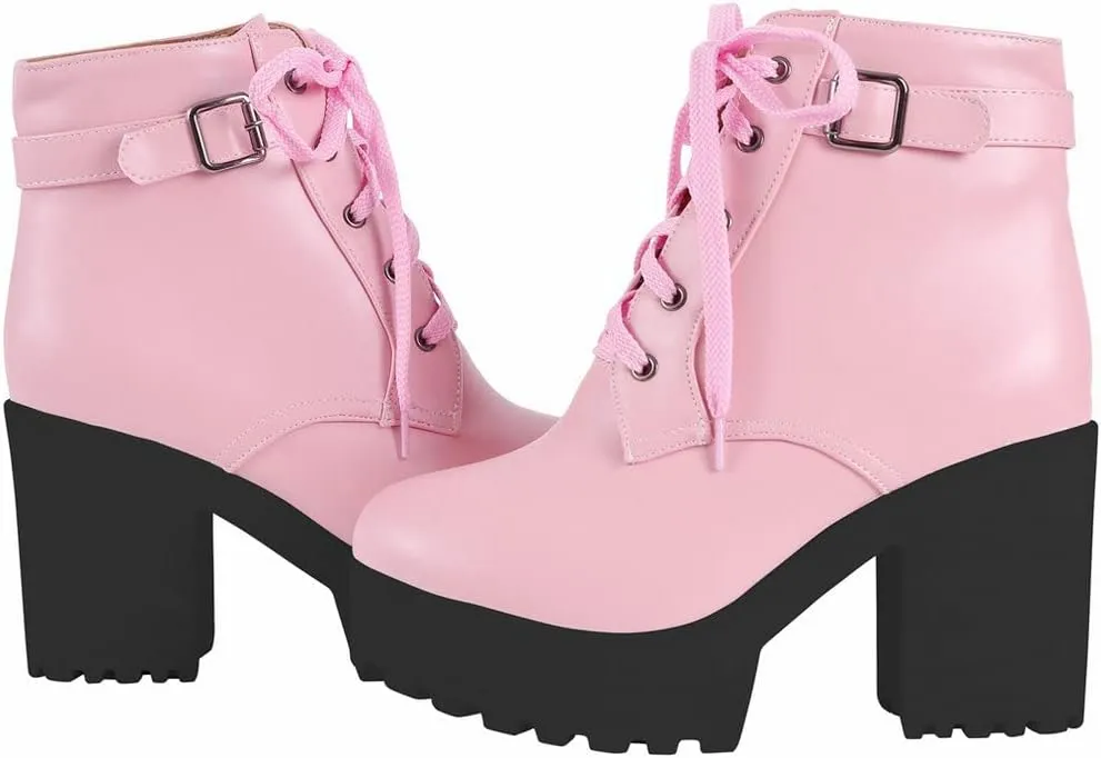 LUXMAX Women Platform Lace Up Ankle Boots Block High Heel Winter Booties