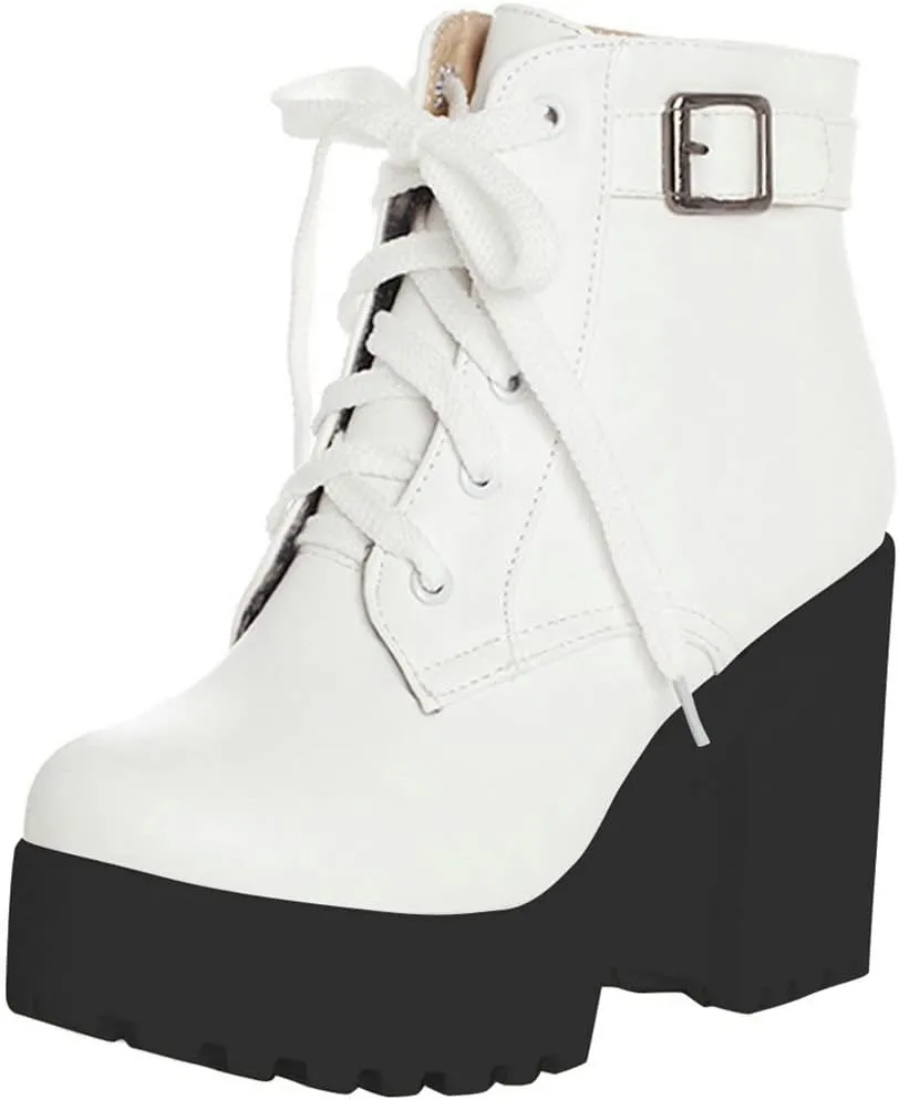 LUXMAX Women Platform Lace Up Ankle Boots Block High Heel Winter Booties