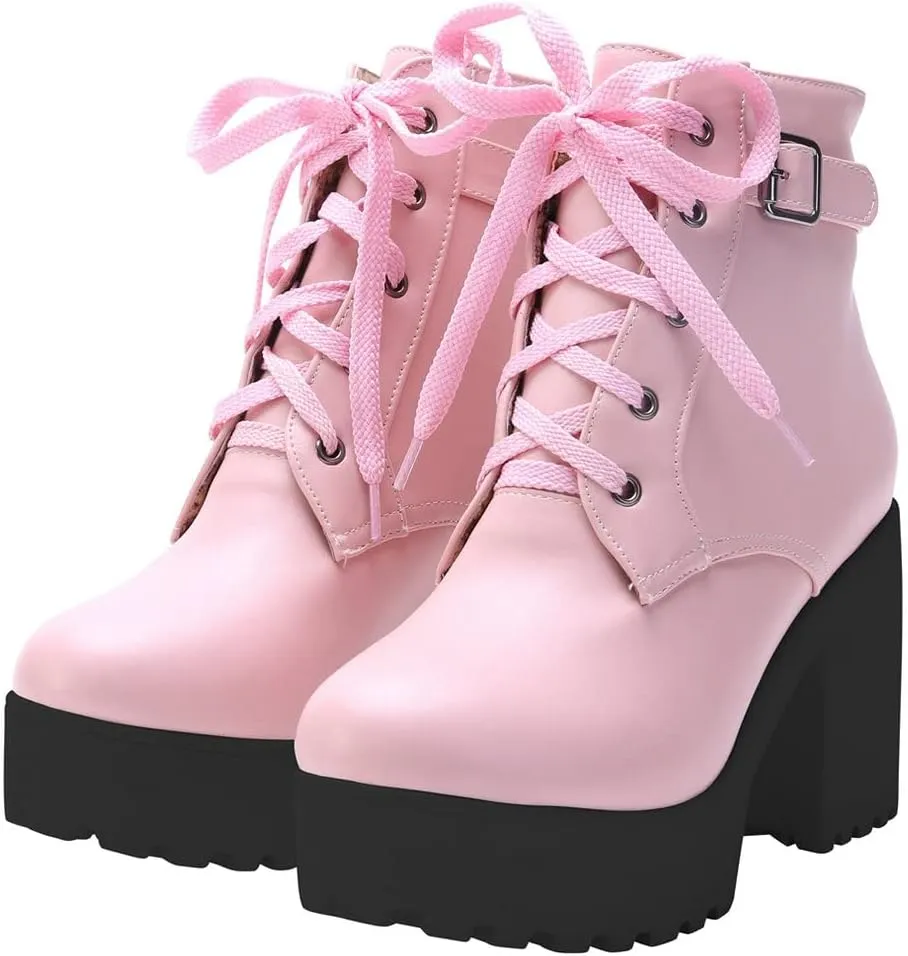 LUXMAX Women Platform Lace Up Ankle Boots Block High Heel Winter Booties