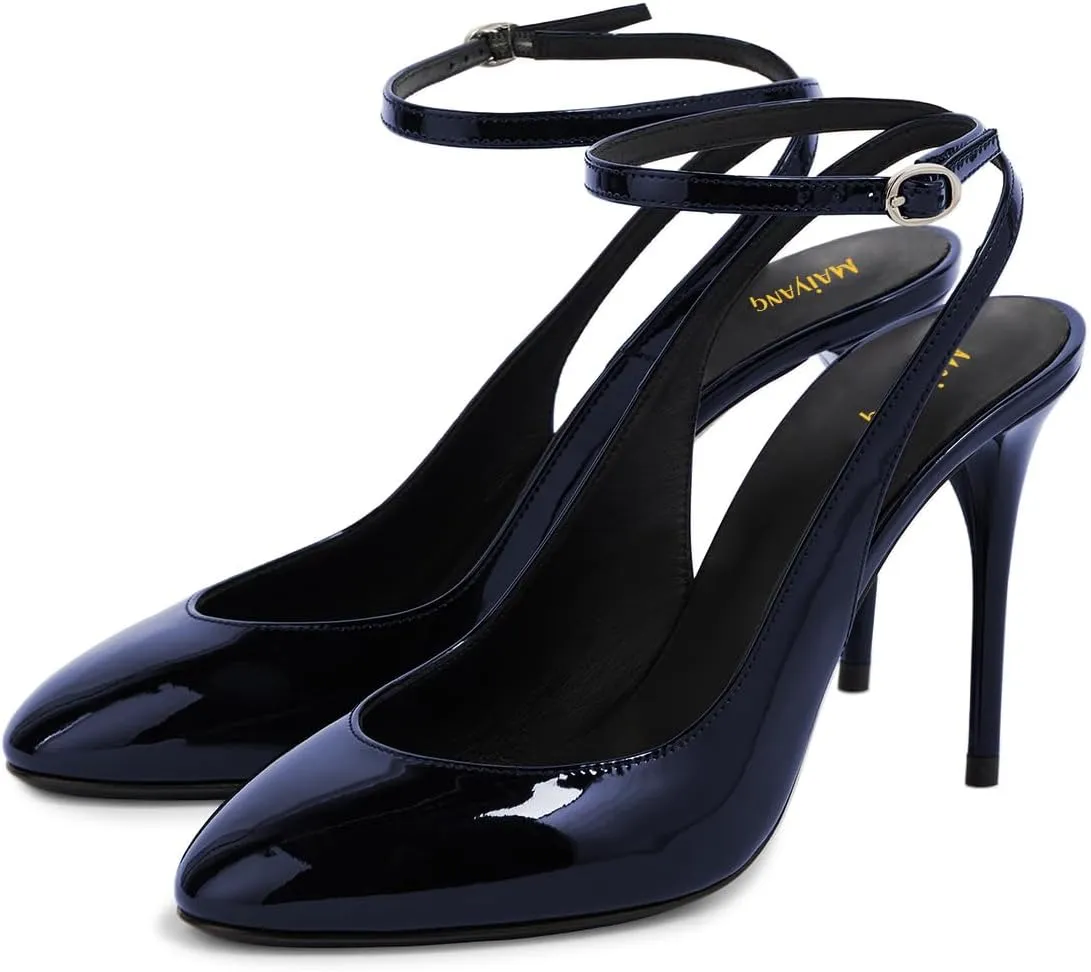 Maiyang Women Glossy Round Toe Stiletto High Heel Pumps Ankle Strap Buckle Elegant Prom Evening Dress Sandals Size 4-16 US