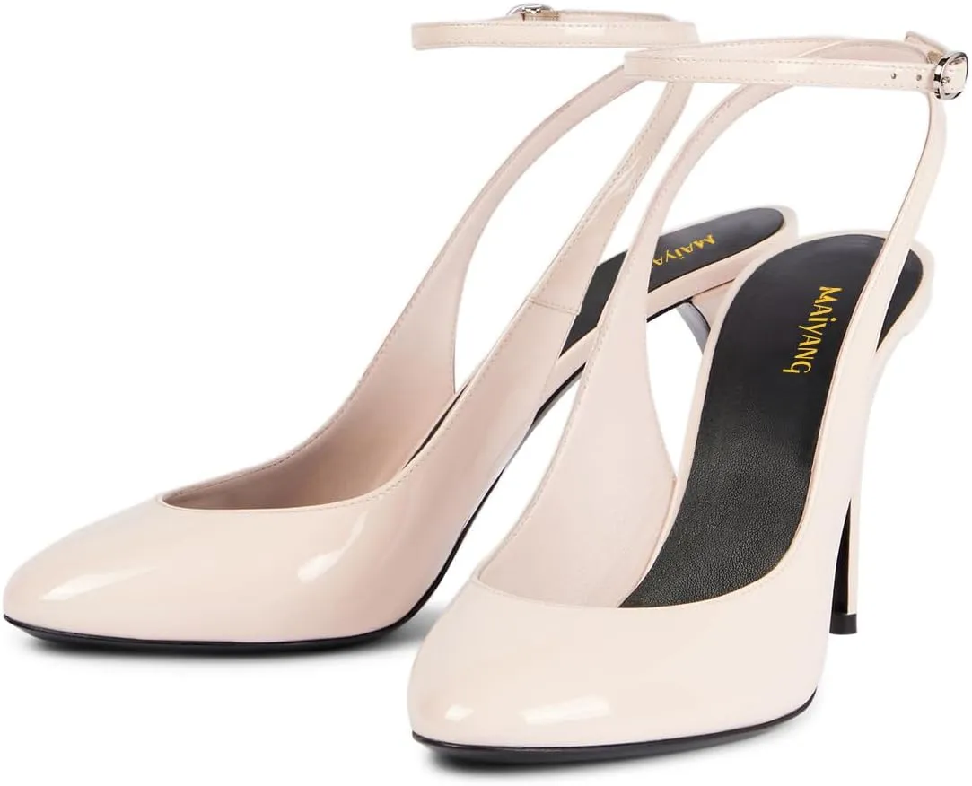 Maiyang Women Glossy Round Toe Stiletto High Heel Pumps Ankle Strap Buckle Elegant Prom Evening Dress Sandals Size 4-16 US