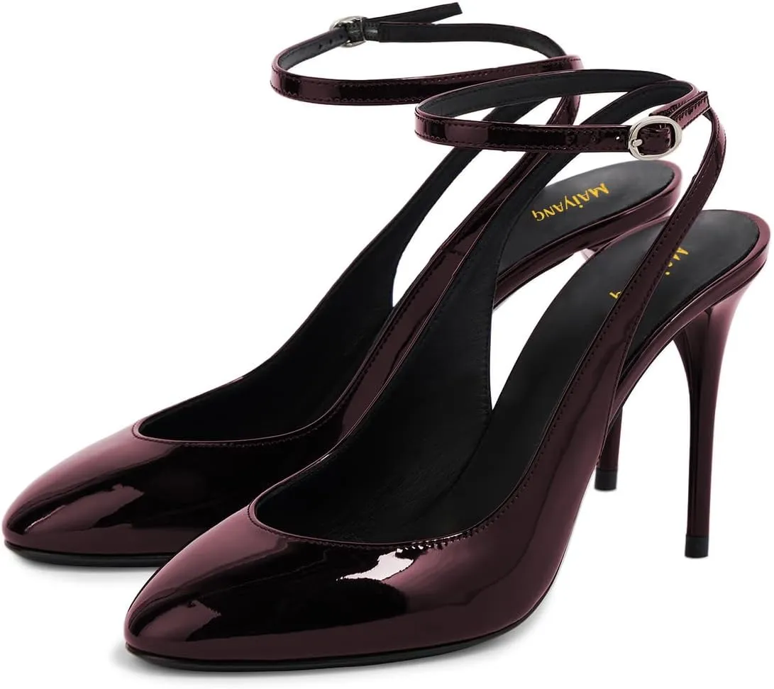 Maiyang Women Glossy Round Toe Stiletto High Heel Pumps Ankle Strap Buckle Elegant Prom Evening Dress Sandals Size 4-16 US