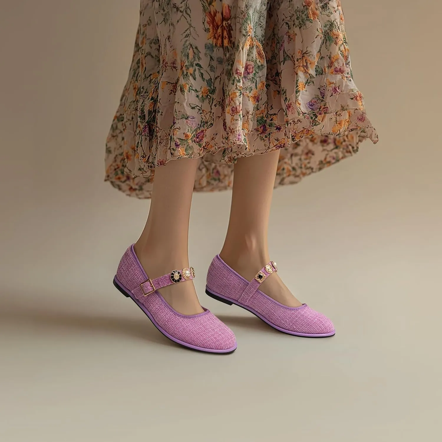 Mary Jane Flats;Round Toe Ballet Flat;Imitation Pearls;Strass & Metal