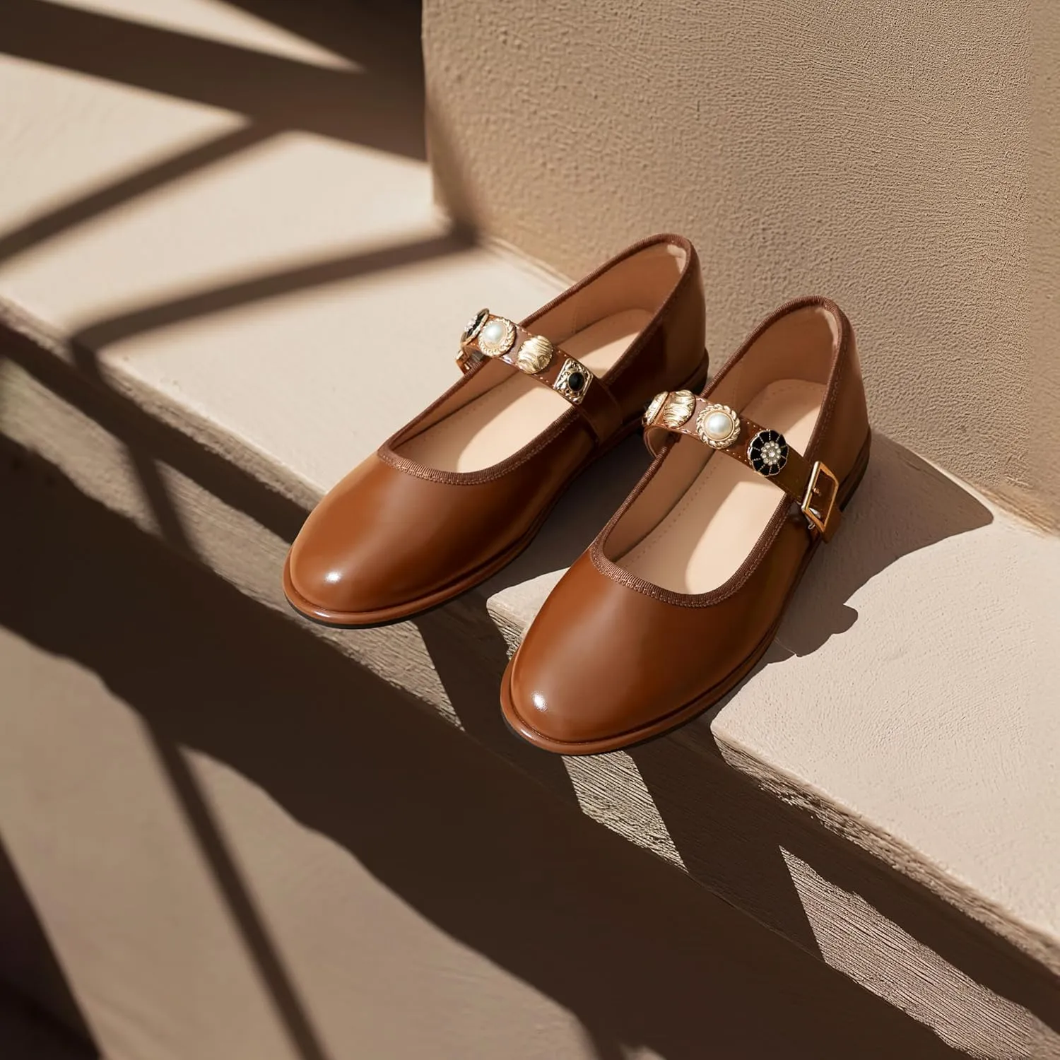 Mary Jane Flats;Round Toe Ballet Flat;Imitation Pearls;Strass & Metal