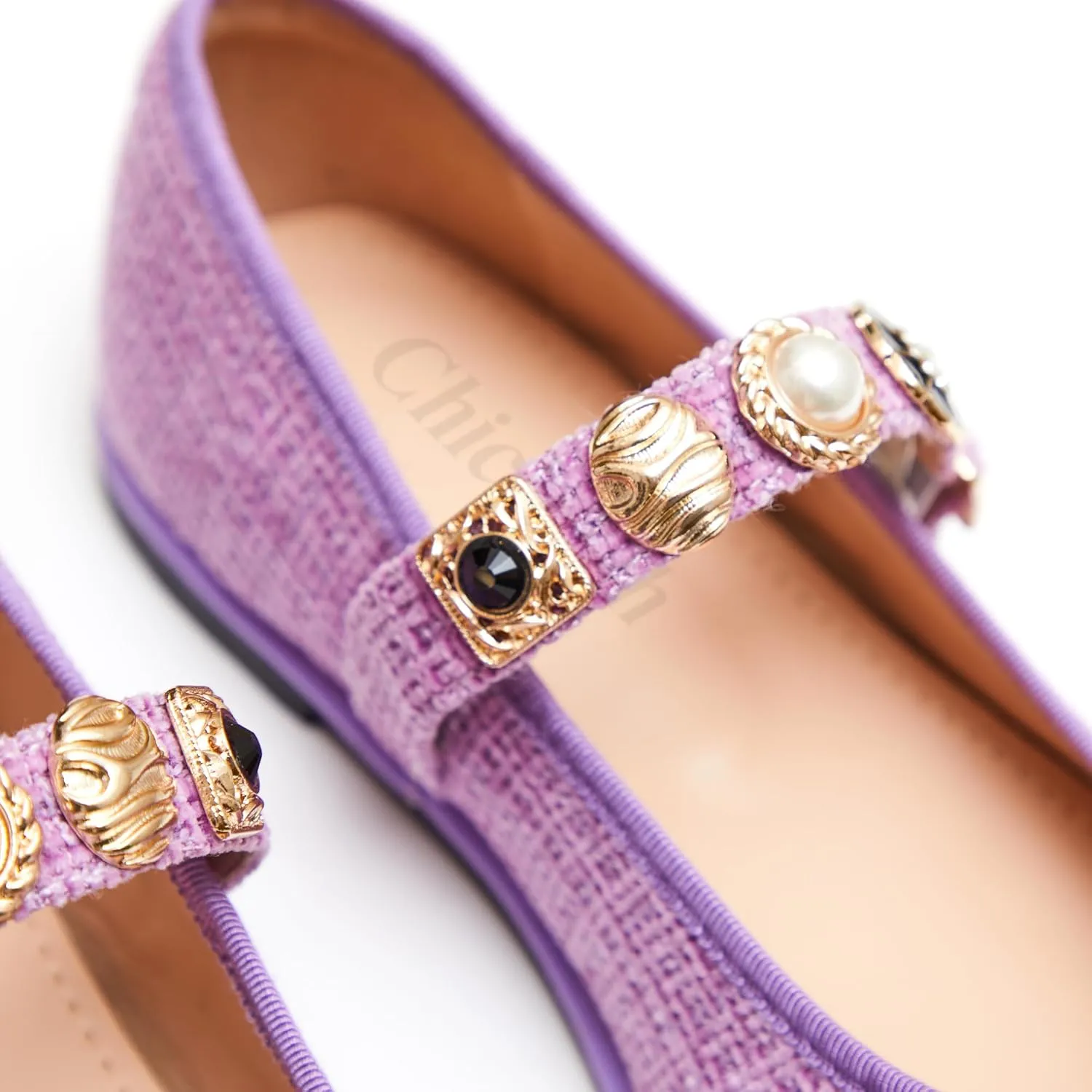 Mary Jane Flats;Round Toe Ballet Flat;Imitation Pearls;Strass & Metal