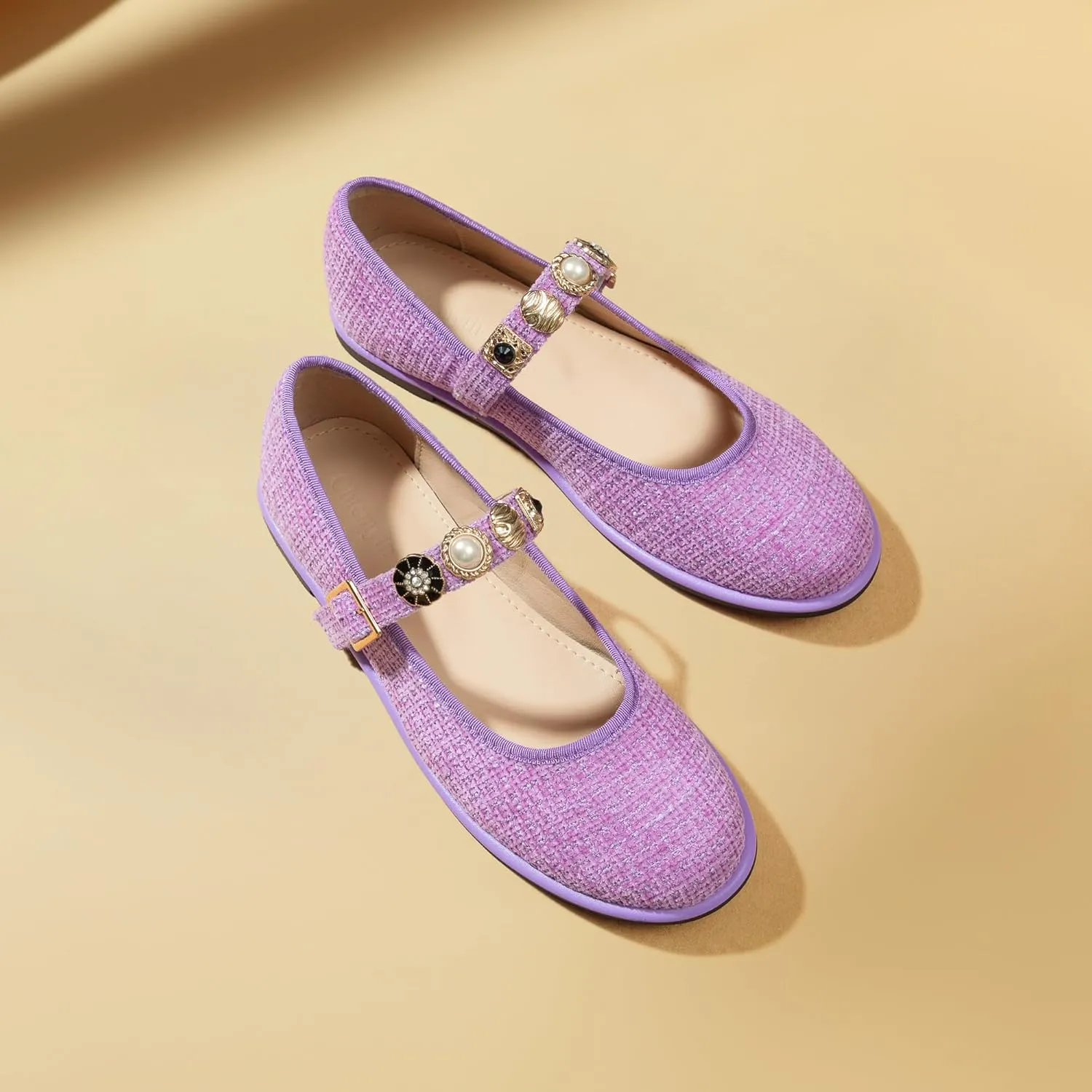 Mary Jane Flats;Round Toe Ballet Flat;Imitation Pearls;Strass & Metal