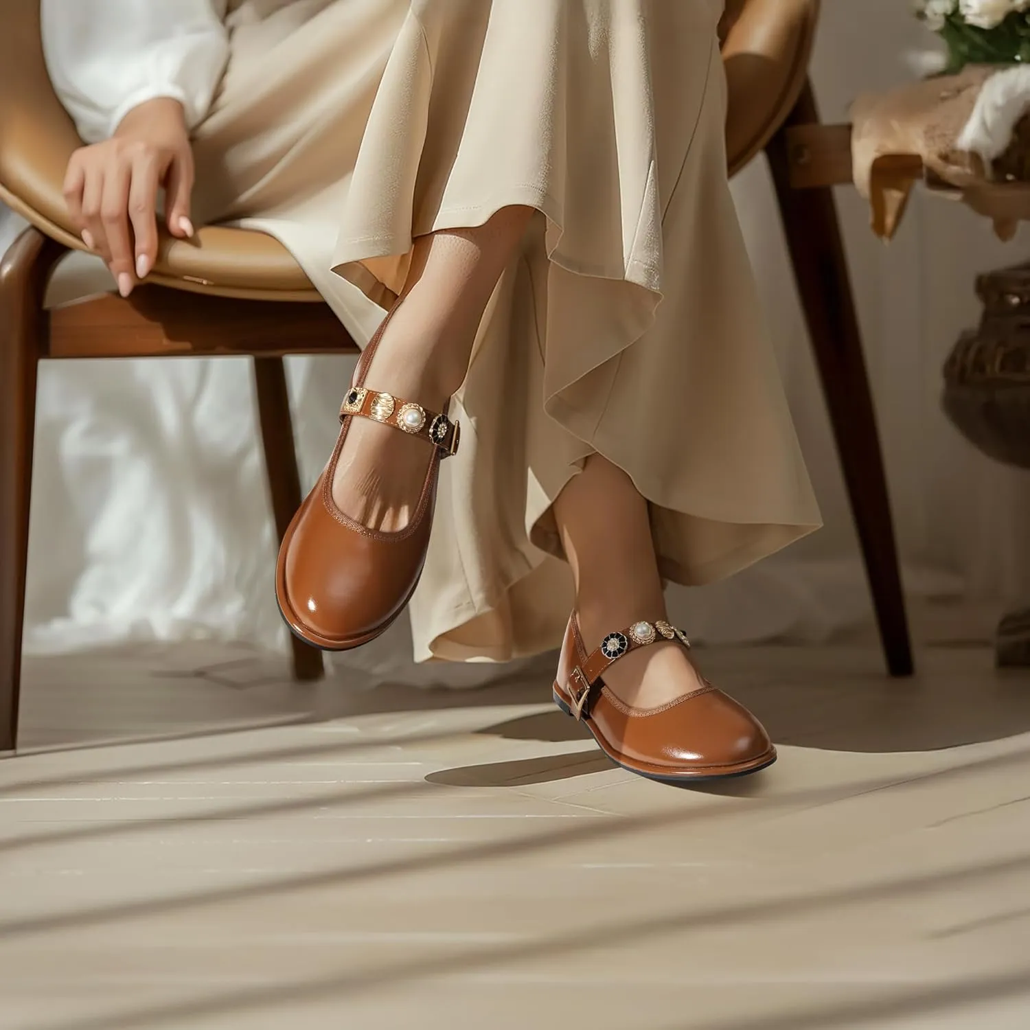 Mary Jane Flats;Round Toe Ballet Flat;Imitation Pearls;Strass & Metal