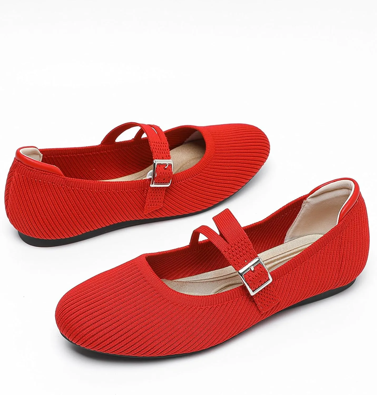 Mary Janes for Women Ballet Flats Comfortable Round Toe Knit Slip On Flats Adjustable Straps Casual Work Dress Flats Shoes