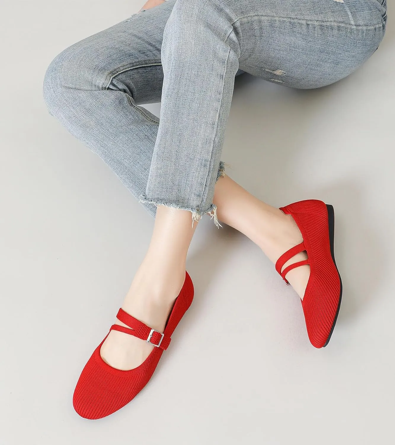 Mary Janes for Women Ballet Flats Comfortable Round Toe Knit Slip On Flats Adjustable Straps Casual Work Dress Flats Shoes