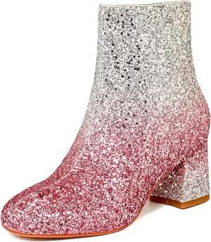 MAVMAX Women's Sequin Glitter Ankle Boots Chunky Heels Sparkly Booties