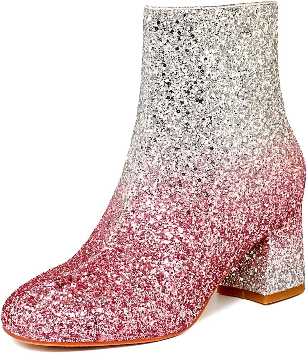 MAVMAX Women's Sequin Glitter Ankle Boots Chunky Heels Sparkly Booties