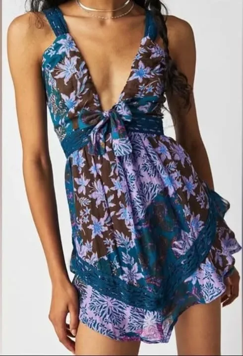 Melliflo Women's Floral Print Sleeveless Deep V Neck Twist Cute Mini Dress Backless Knot Boho Slim Fit Cami Dress