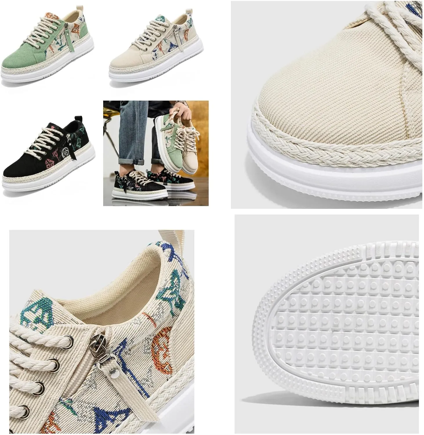 Men's Canvas Sneakers with Contrast Stitching & Adjustable Lace-Up - Side Zipper Closure & Breathable Mesh Lining for Urban Exploration