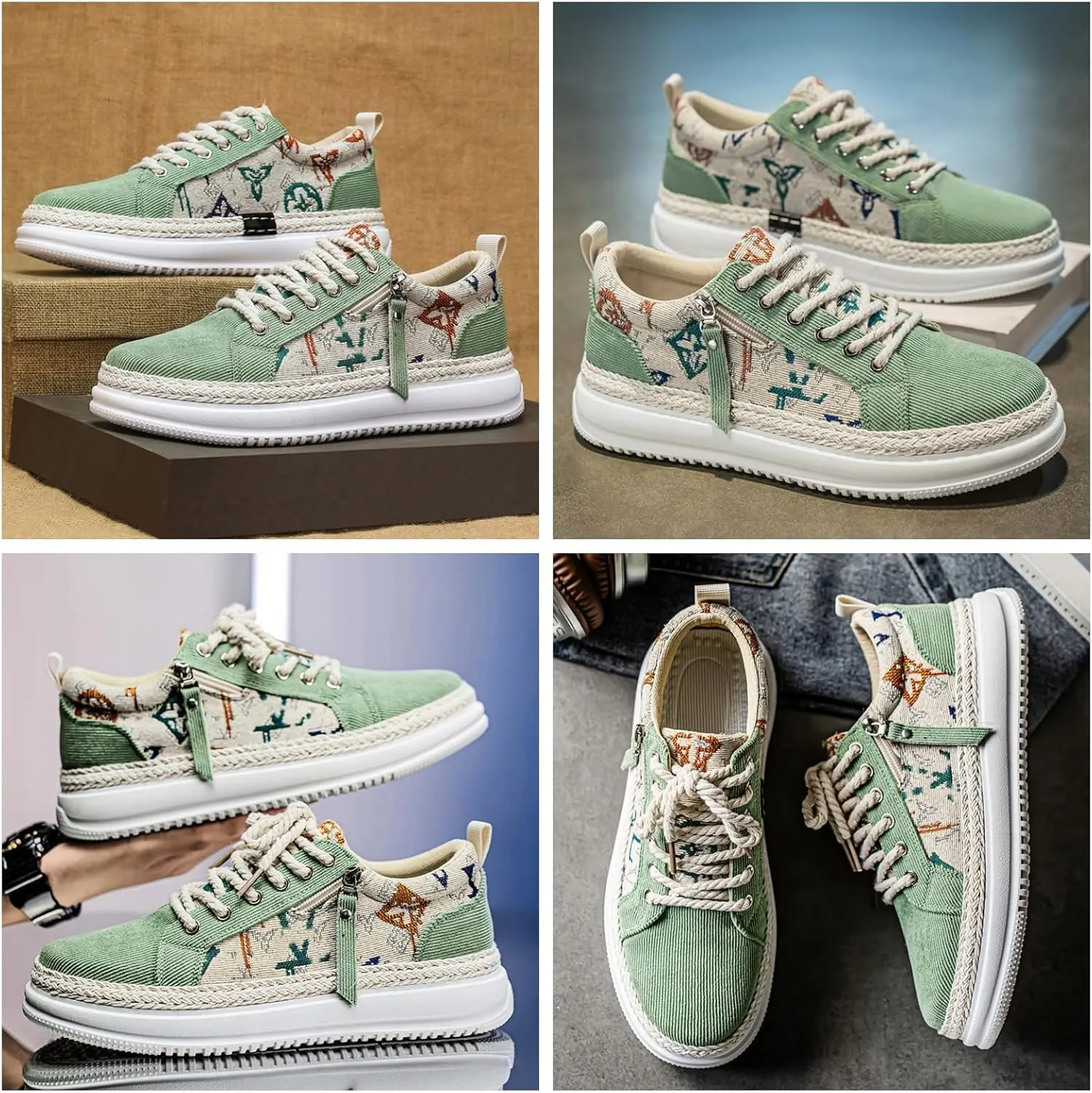Men's Canvas Sneakers with Contrast Stitching & Adjustable Lace-Up - Side Zipper Closure & Breathable Mesh Lining for Urban Exploration