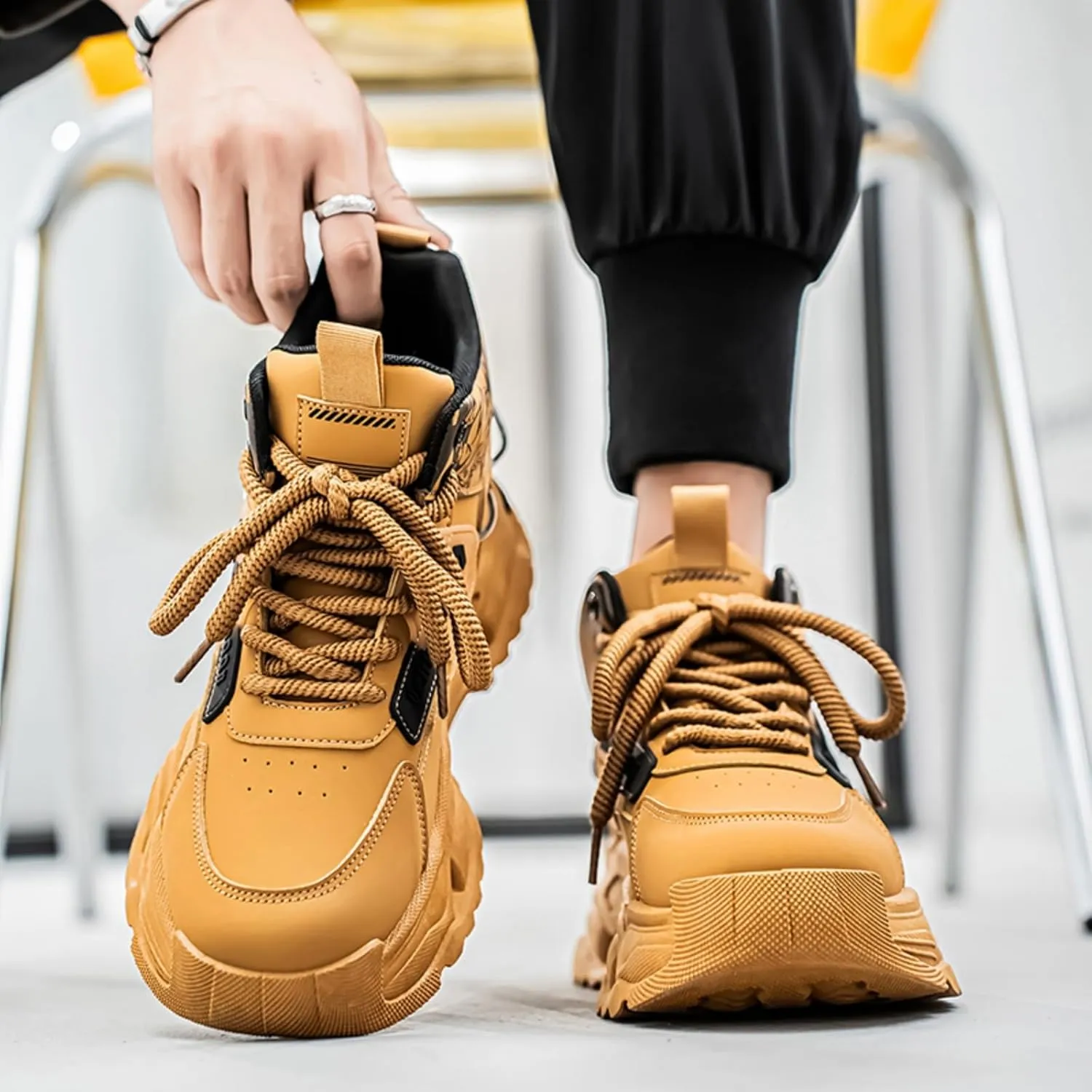 Men's Fashion High Top Chunky Sneakers - Thick Sole Dad Shoes with Cushioned Insole & Anti-Slip Design | Breathable Mesh Footwear for Urban & Outdoor Activities