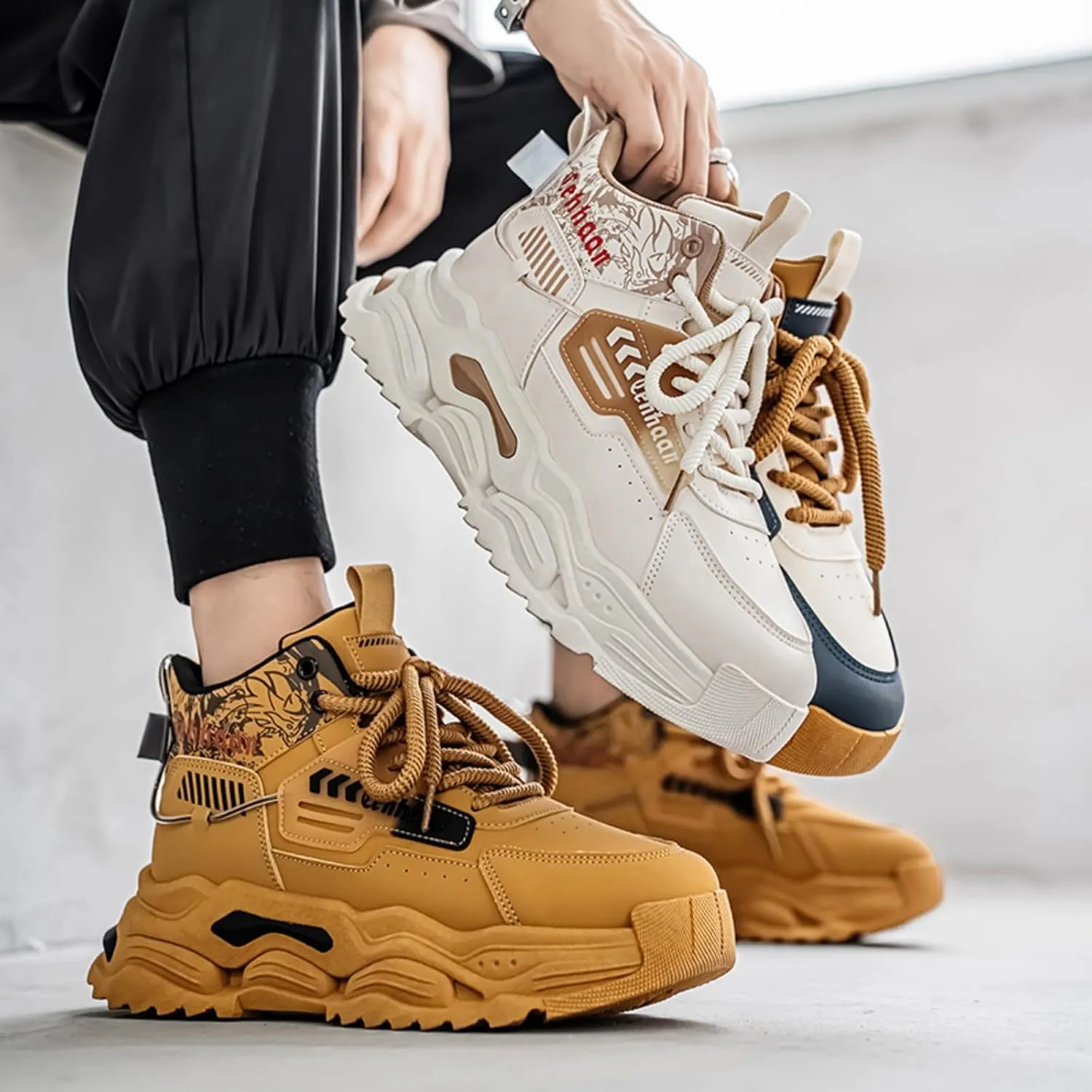 Men's Fashion High Top Chunky Sneakers - Thick Sole Dad Shoes with Cushioned Insole & Anti-Slip Design | Breathable Mesh Footwear for Urban & Outdoor Activities