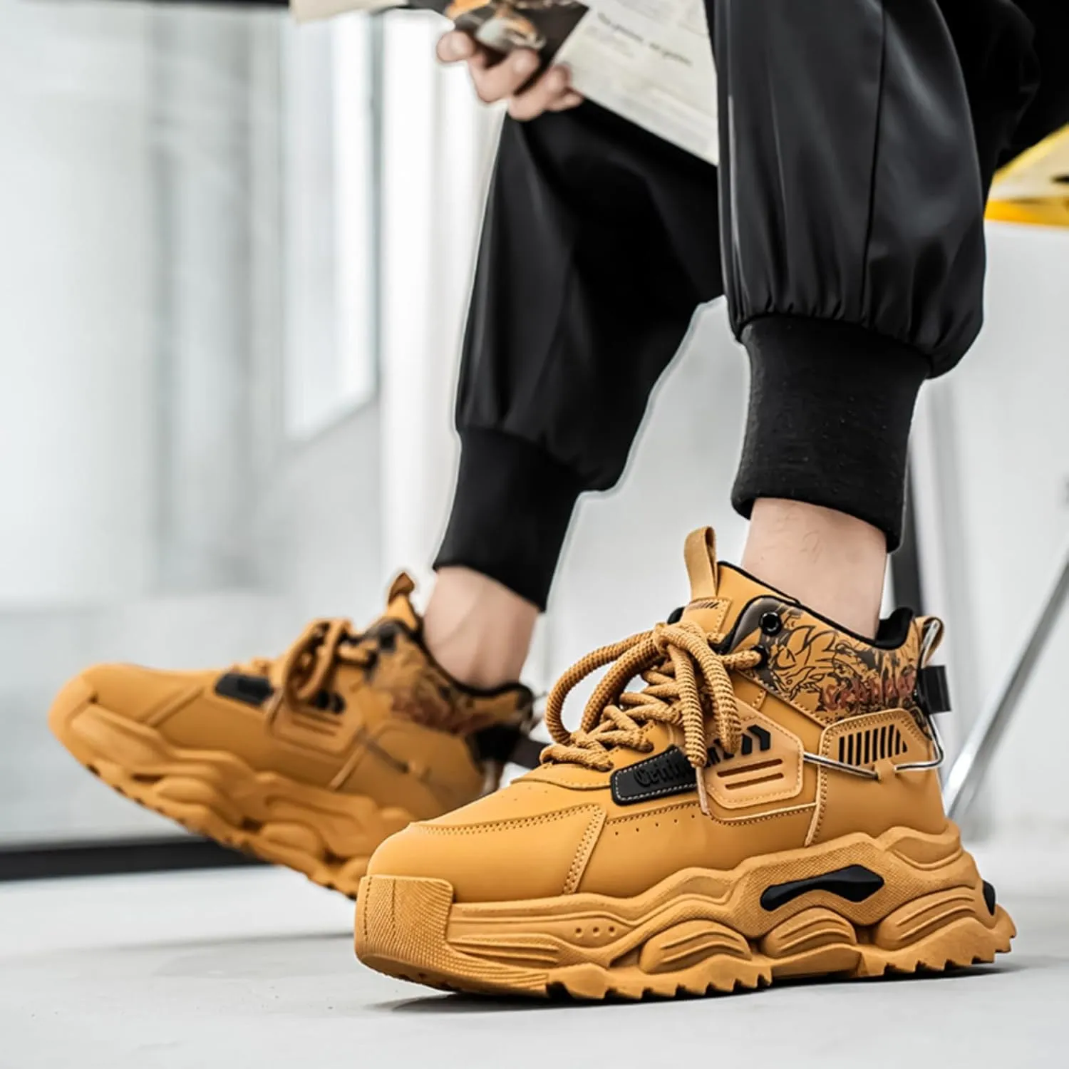 Men's Fashion High Top Chunky Sneakers - Thick Sole Dad Shoes with Cushioned Insole & Anti-Slip Design | Breathable Mesh Footwear for Urban & Outdoor Activities