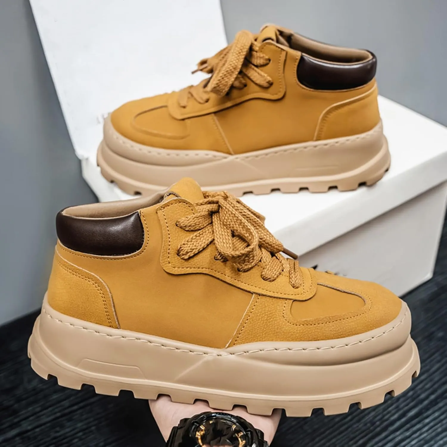 Mens Fashion Suede Leather Lace Up Platform Sneakers Casual Retro Round Toe Non Slip Flats Orthotic Sport Shoes for Walking Daily Travel