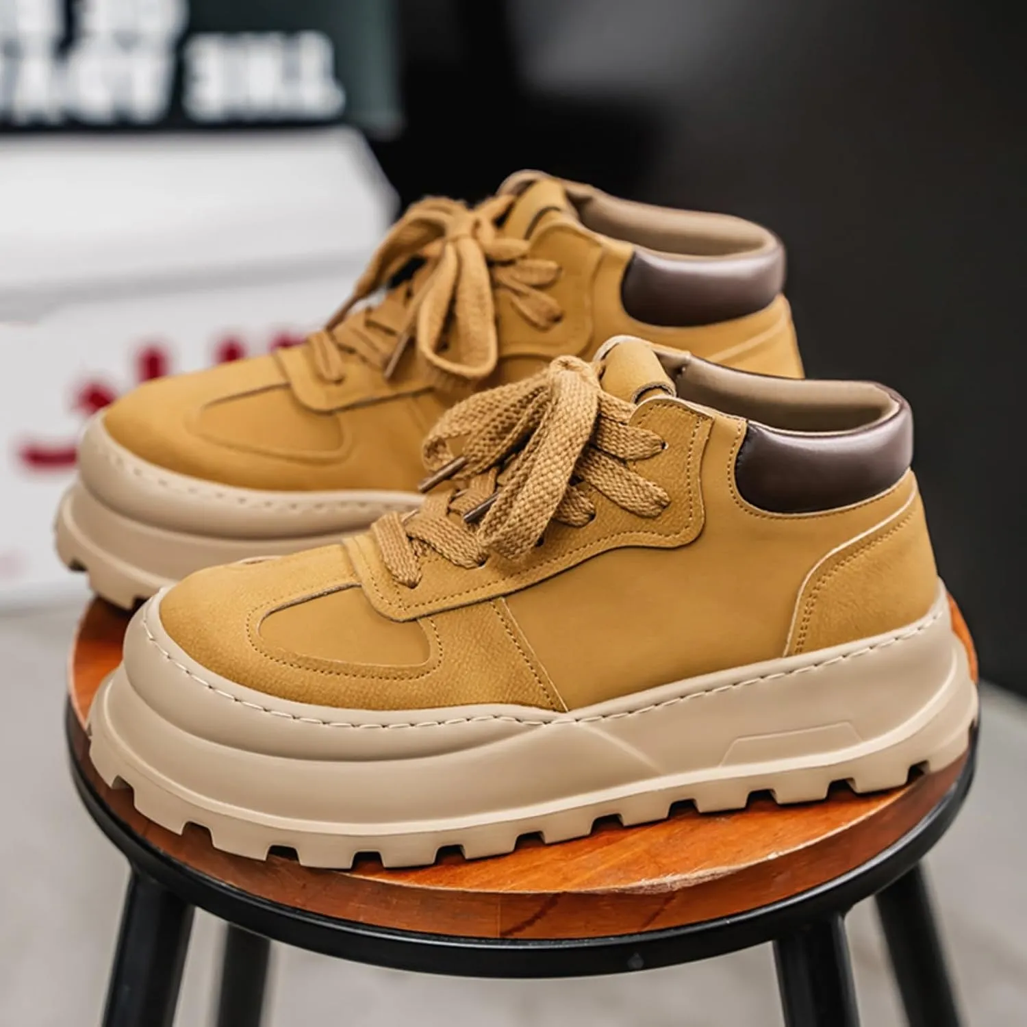 Mens Fashion Suede Leather Lace Up Platform Sneakers Casual Retro Round Toe Non Slip Flats Orthotic Sport Shoes for Walking Daily Travel
