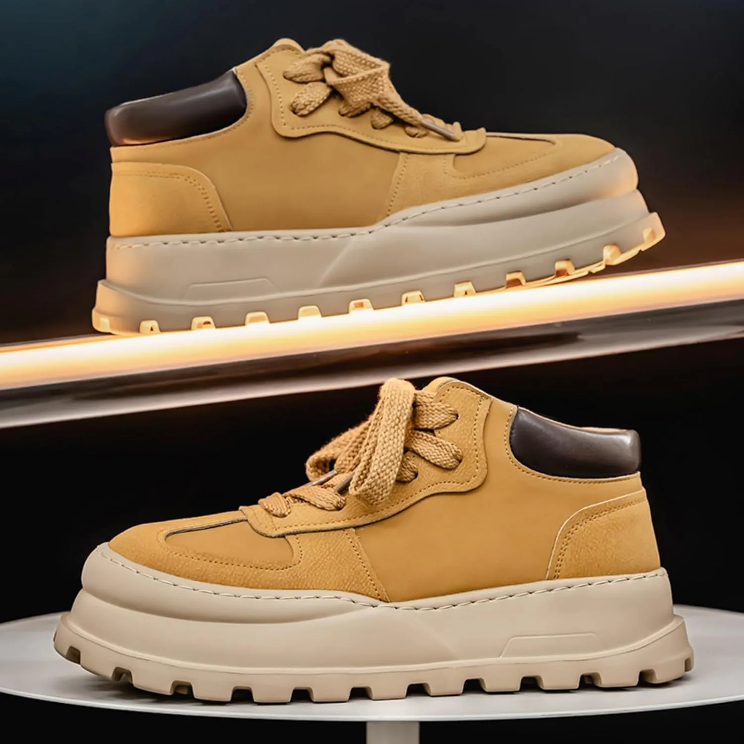 Mens Fashion Suede Leather Lace Up Platform Sneakers Casual Retro Round Toe Non Slip Flats Orthotic Sport Shoes for Walking Daily Travel